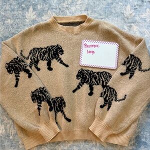 Tan Sweater with Black Tiger Print